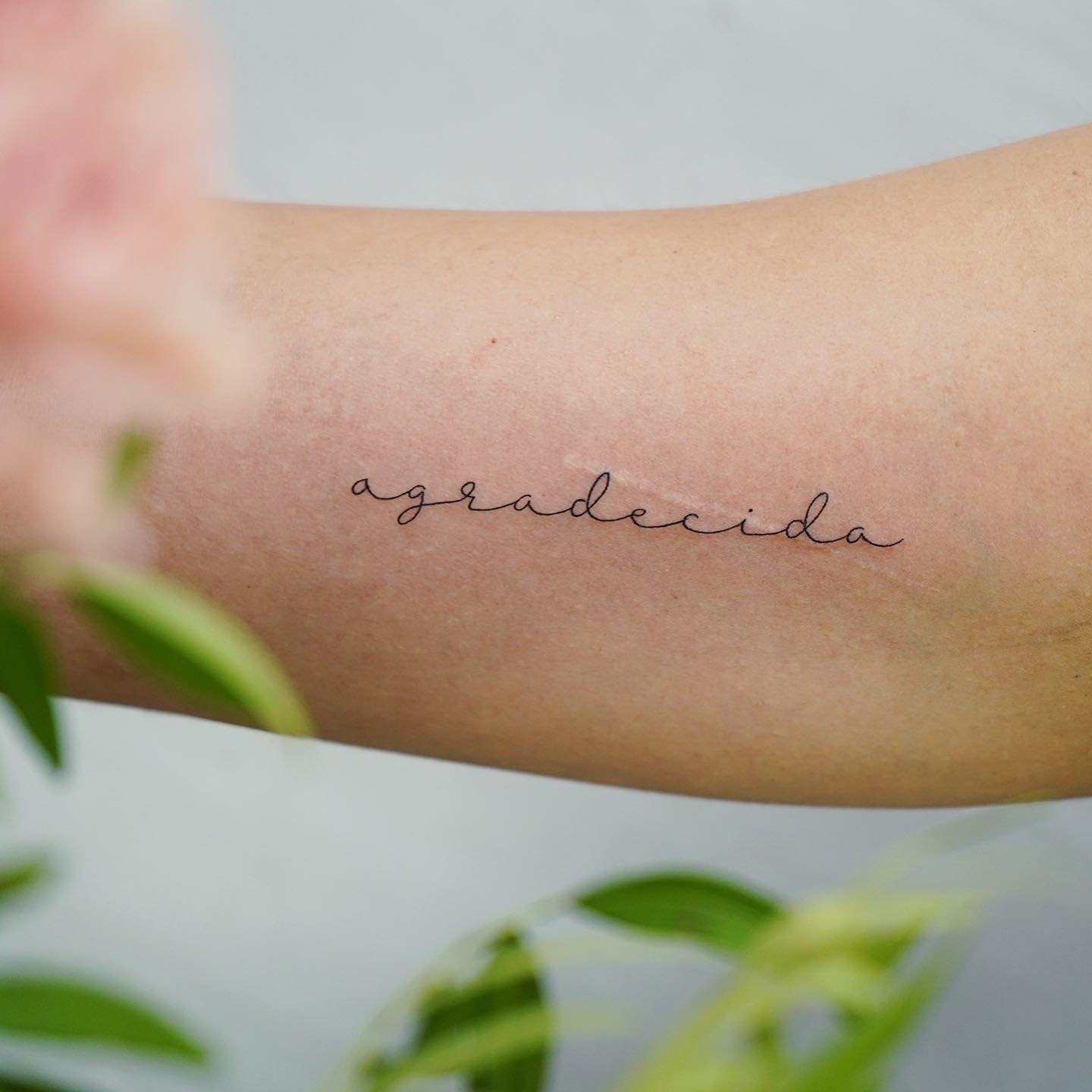 Tatuaje de frase en antebrazo, línea fina Sinkply Madrid