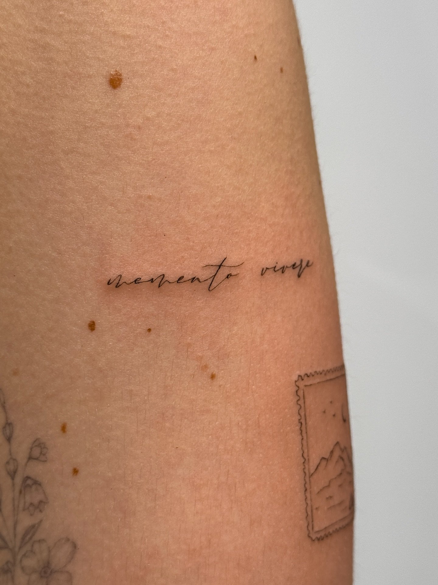 Tatuaje de frase en antebrazo, línea fina Sinkply Madrid