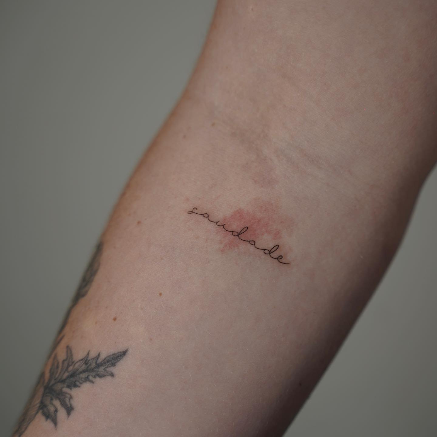 Tatuaje de frase en antebrazo, línea fina Sinkply Madrid
