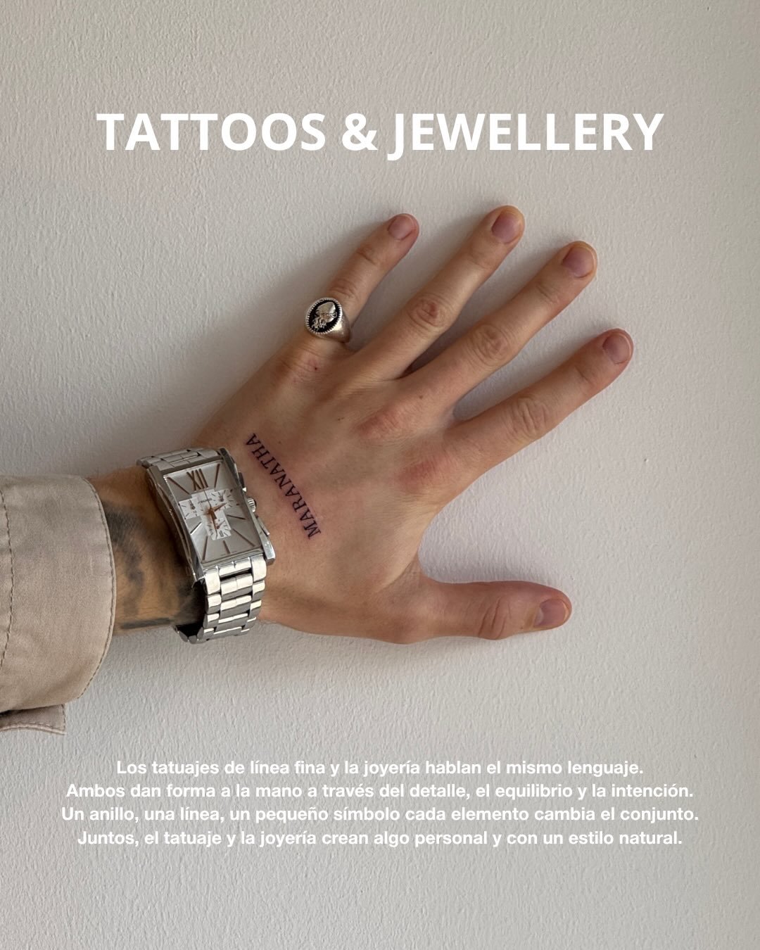 Tatuaje de frase en mano, línea fina Sinkply Madrid