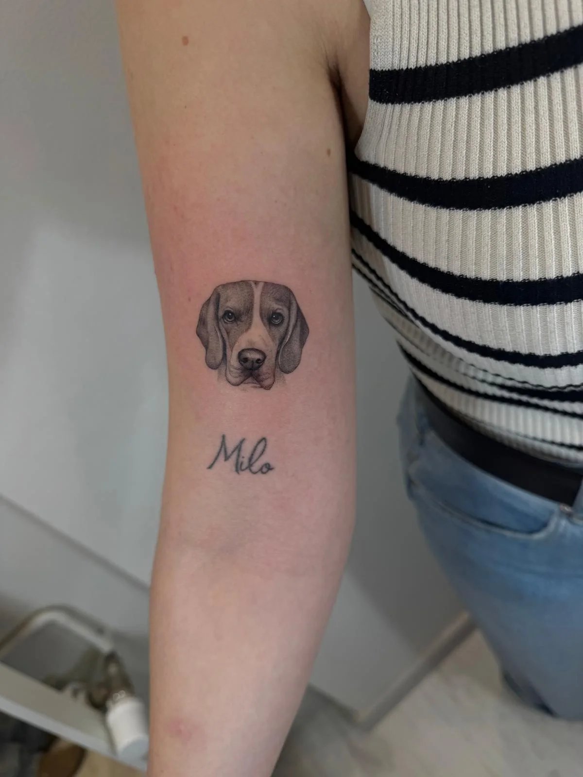 Tatuaje retrato-silueta retrato perro con nombre antebrazo