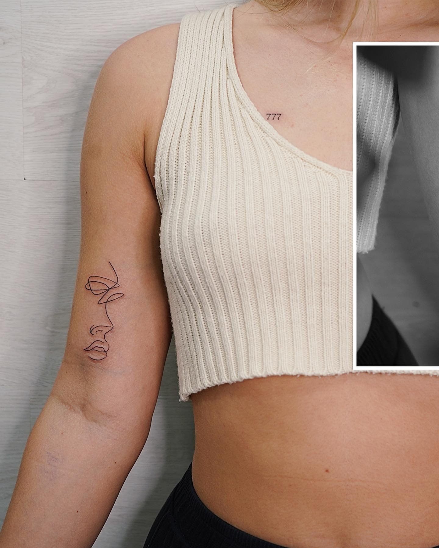 Tatuaje de retrato en brazo, línea fina Sinkply Madrid