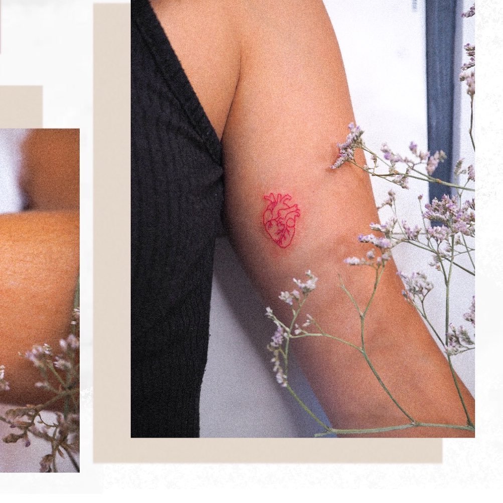 Tatuaje de corazon en brazo, línea fina Sinkply Madrid