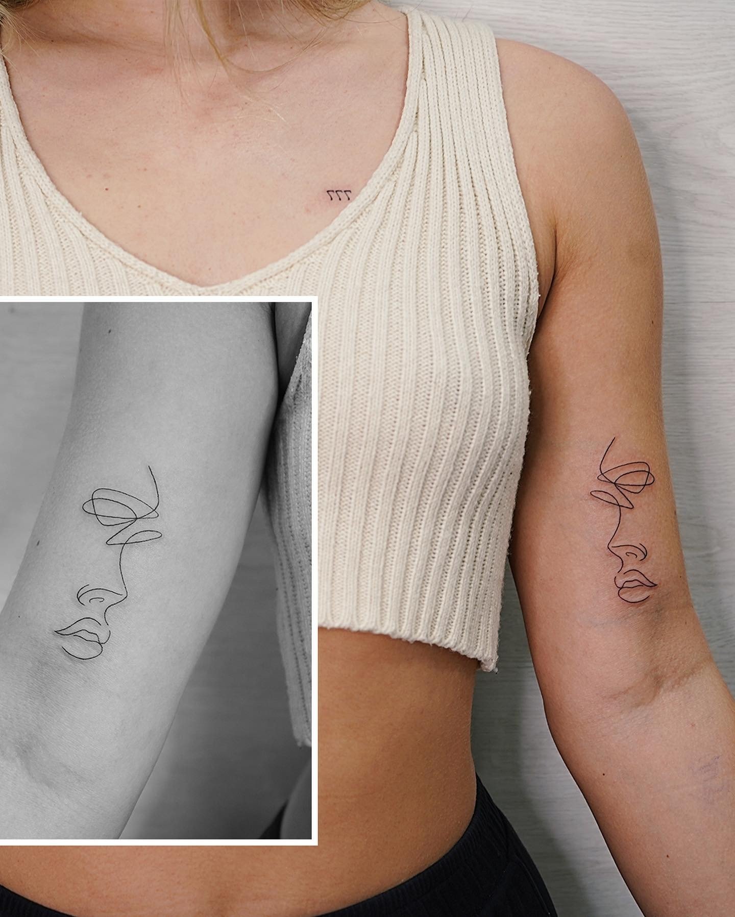 Tatuaje de matching en brazo, línea fina Sinkply Madrid