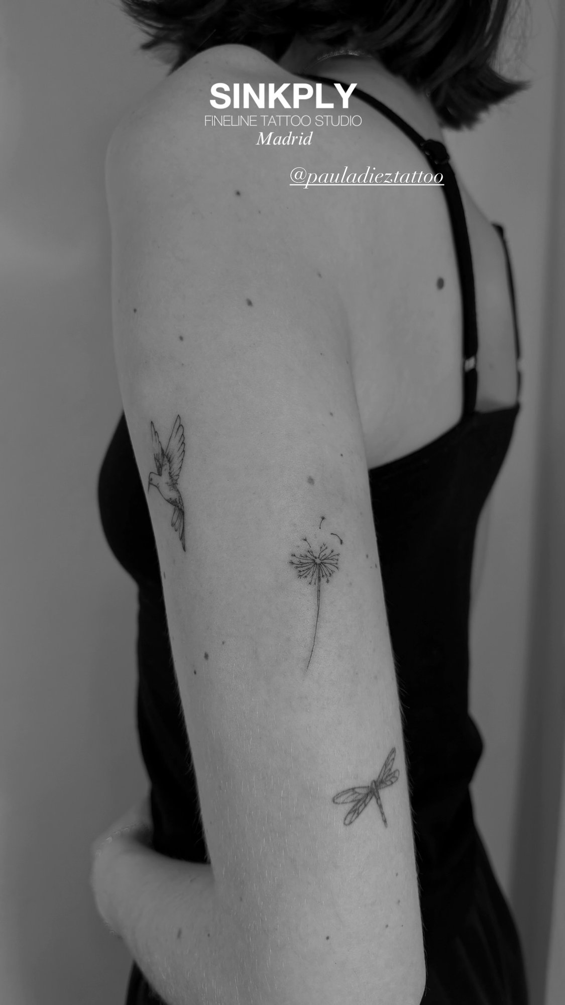 Tatuaje de colibri diente leon libelula en brazo, línea fina