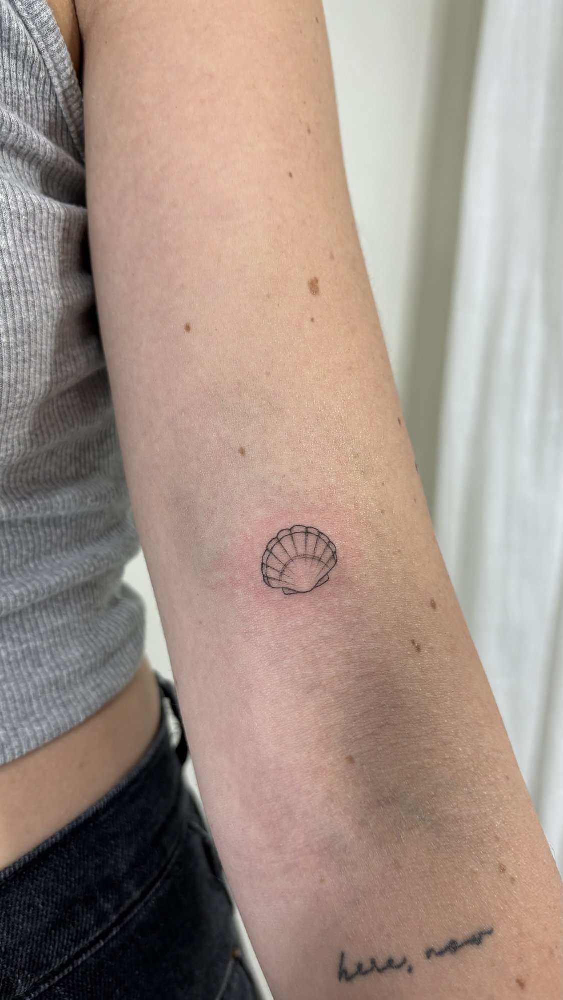 Tatuaje de concha marina y letras en antebrazo, línea fina