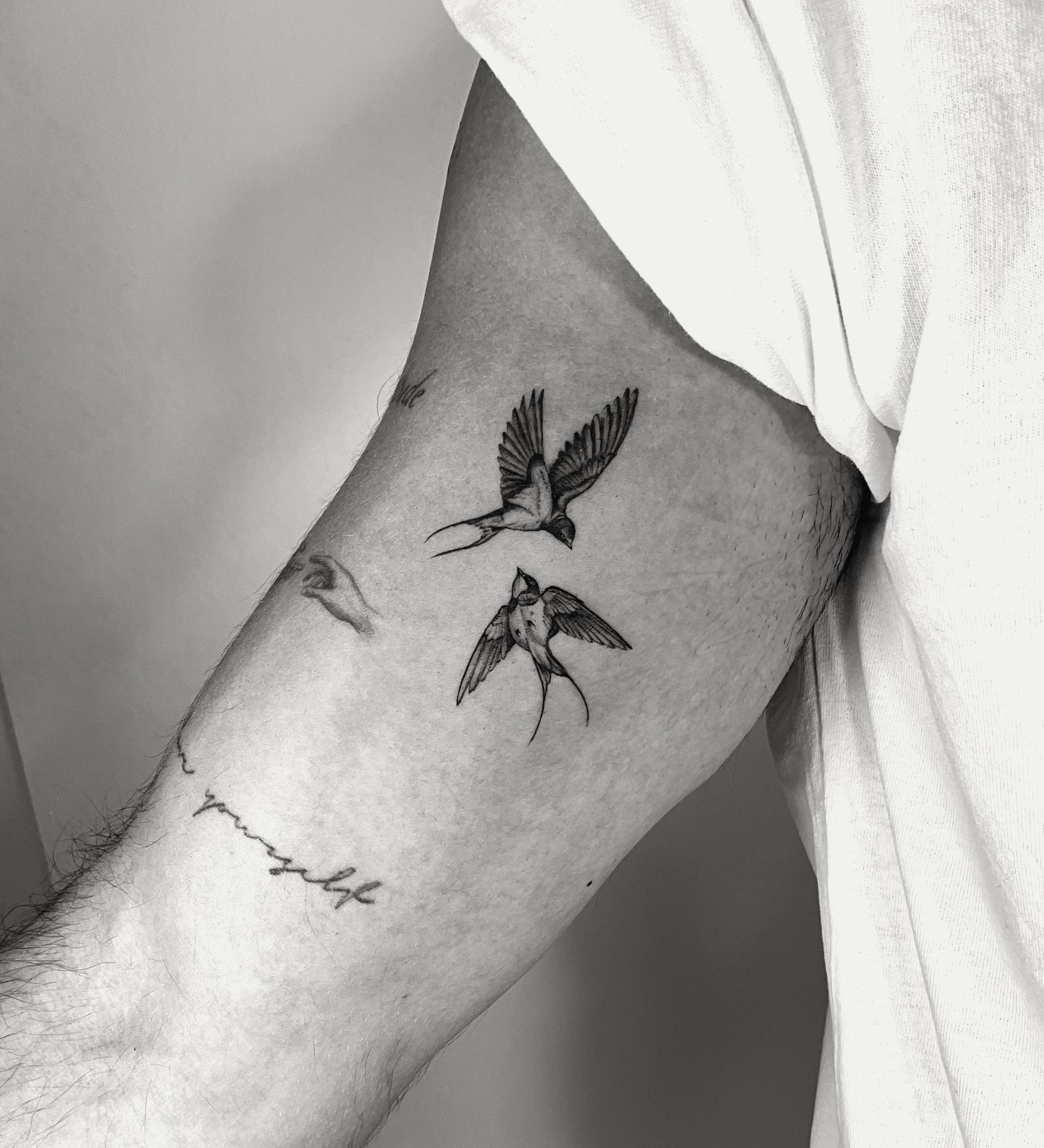 Tatuaje de dos golondrinas volando en brazo, línea fina
