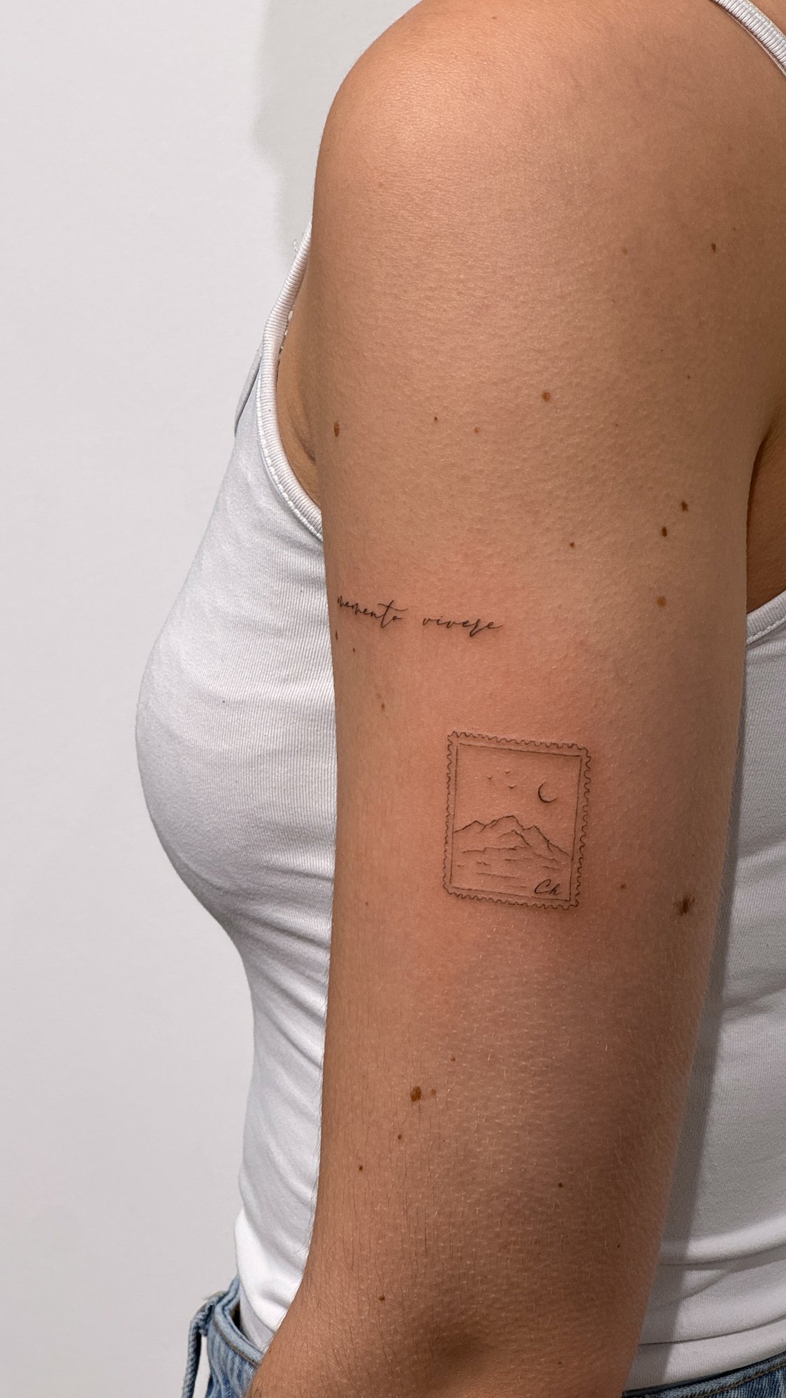 Tatuaje de frase latina y estampilla mont en brazo, línea fina