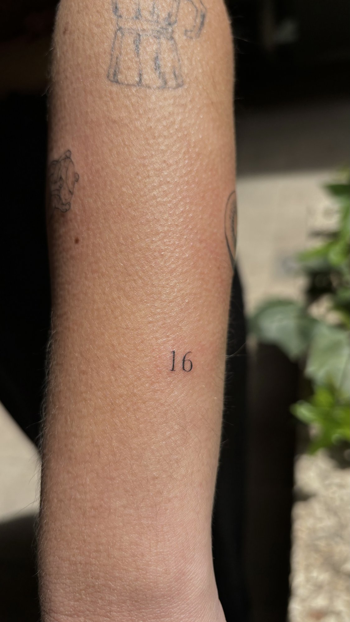 Tatuaje de numero 16 y otros tatuajes en antebrazo, línea fina