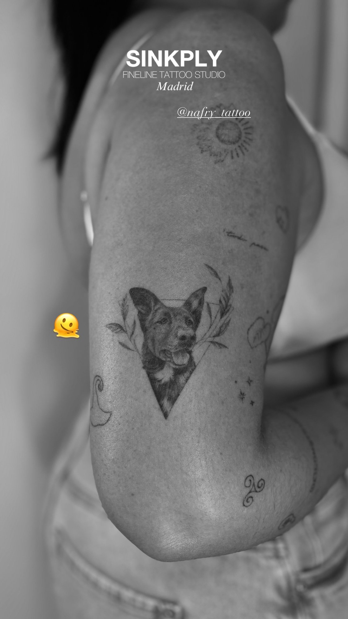 Tatuaje de perro en triangulo floral en brazo, línea fina